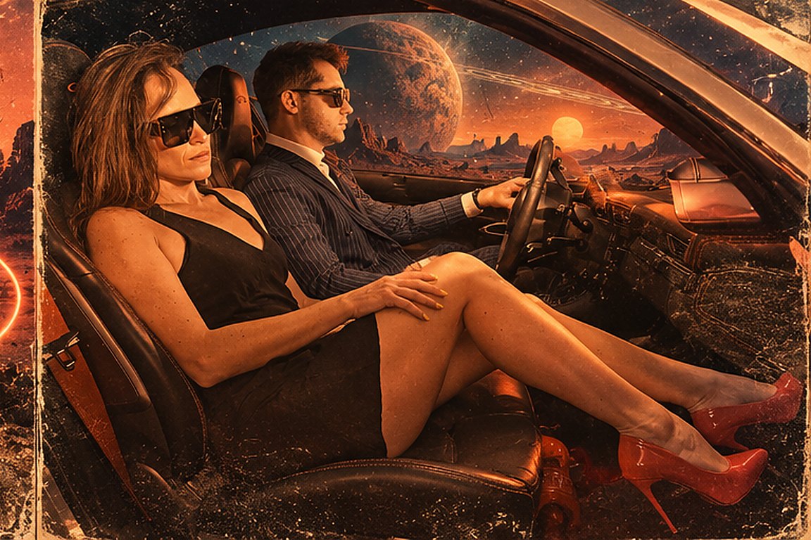 Two figures in sunglasses ride in a car across a desert under a giant ringed planet.