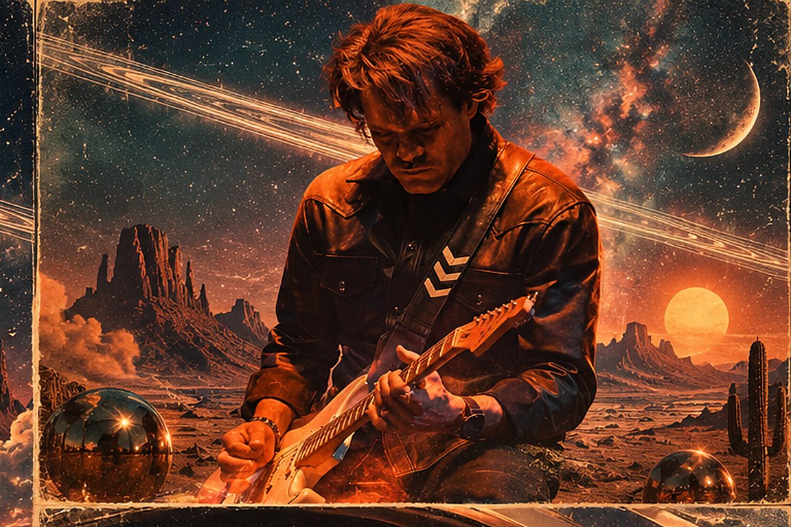 A Crewless guitarist kneels in the desert at sunset, playing an electric guitar.